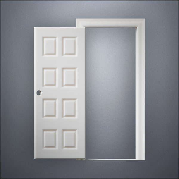 classic thick-frame Eight Box Door with fancy-profile frame and brass hardware, shown open in front view