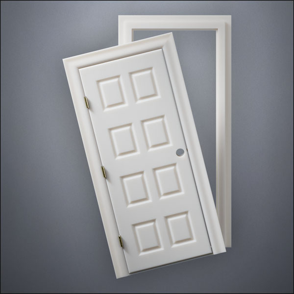 classic thick-frame Eight Box Door with fancy-profile frame and brass hardware, shown split open in front view