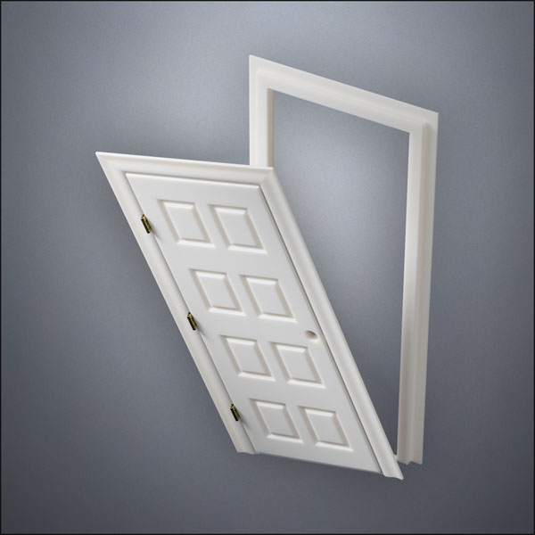 classic thick-frame Eight Box Door with fancy-profile frame and brass hardware, shown split open in perspective view