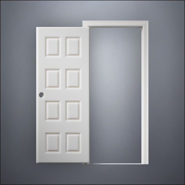 modern thin-frame Eight Box Door with fancy-profile frame and brass hardware, shown open in front view