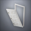 modern thin-frame Eight Box Door with fancy-profile frame and brass hardware, shown split open in perspective view