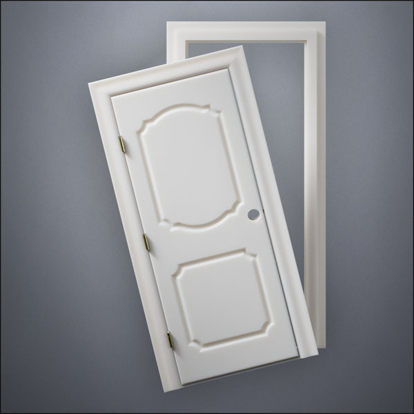 classic thick-frame Fancy Carrara Door with fancy-profile frame and brass hardware, shown split open in front view