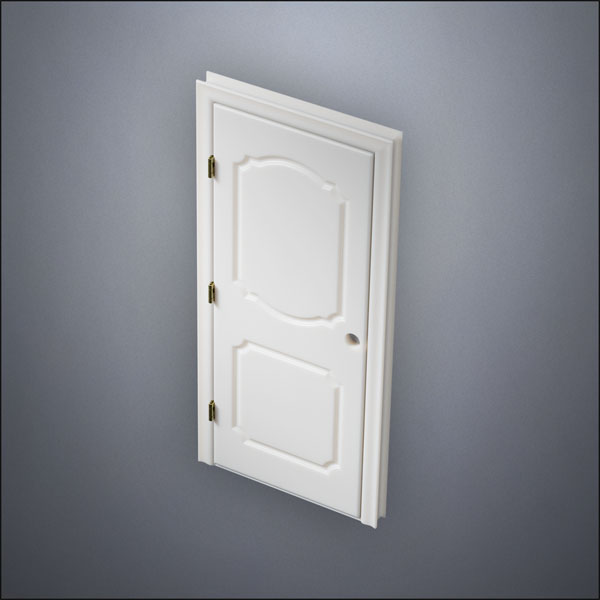 modern thin-frame Fancy Carrara Door with fancy-profile frame and brass hardware, shown closed in perspective view