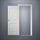 modern thin-frame Fancy Carrara Door with fancy-profile frame and brass hardware, shown open in front view