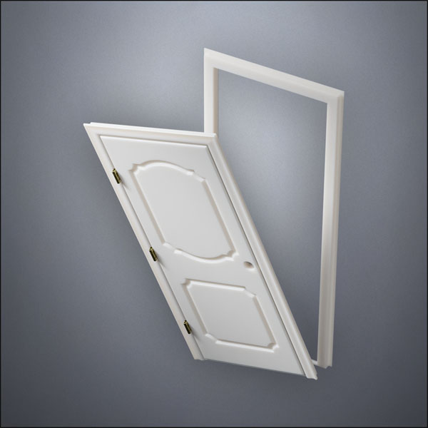 modern thin-frame Fancy Carrara Door with fancy-profile frame and brass hardware, shown split open in perspective view