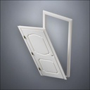 modern thin-frame Fancy Carrara Door with fancy-profile frame and brass hardware, shown split open in perspective view