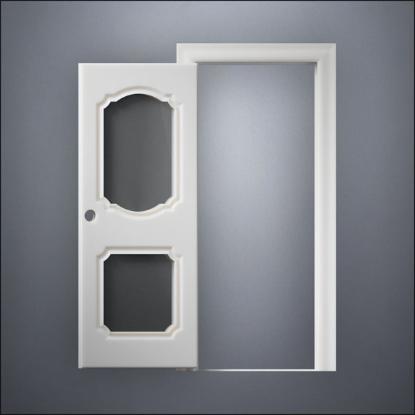 classic thick-frame Fancy Carrara Double Window Door with fancy-profile frame and brass hardware, shown open in front view