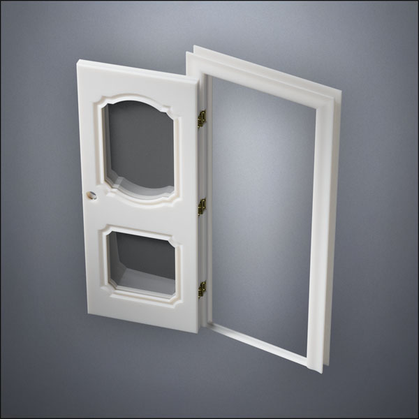 classic thick-frame Fancy Carrara Double Window Door with fancy-profile frame and brass hardware, shown open in perspective view