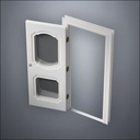 classic thick-frame Fancy Carrara Double Window Door with fancy-profile frame and brass hardware, shown open in perspective view