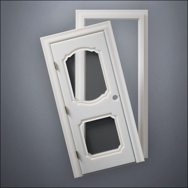 classic thick-frame Fancy Carrara Double Window Door with fancy-profile frame and brass hardware, shown split open in front view