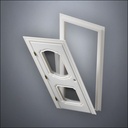 classic thick-frame Fancy Carrara Double Window Door with fancy-profile frame and brass hardware, shown split open in perspective view