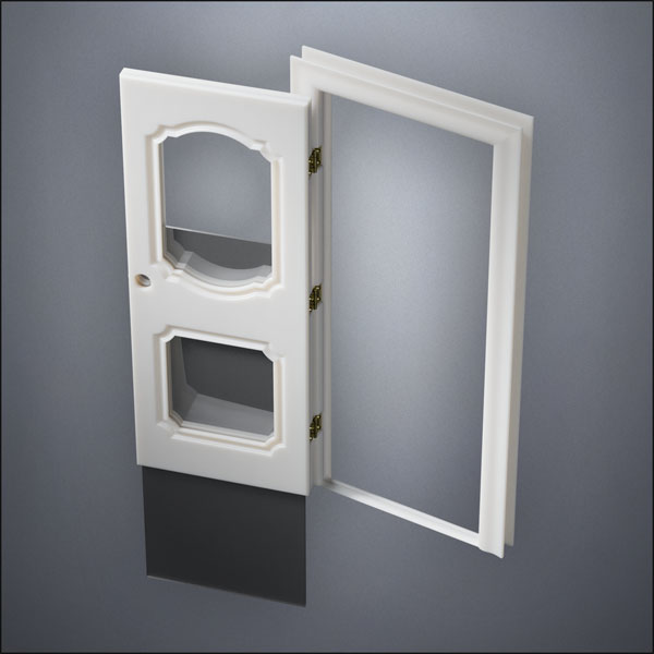 classic thick-frame Fancy Carrara Double Window Door with fancy-profile frame and brass hardware, shown open with the removable pane separated in perspective view