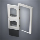 classic thick-frame Fancy Carrara Double Window Door with fancy-profile frame and brass hardware, shown open with the removable pane separated in perspective view