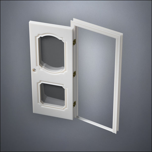 modern thin-frame Fancy Carrara Double Window Door with fancy-profile frame and brass hardware, shown open in perspective view