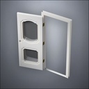 modern thin-frame Fancy Carrara Double Window Door with fancy-profile frame and brass hardware, shown open in perspective view