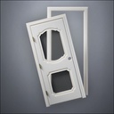 modern thin-frame Fancy Carrara Double Window Door with fancy-profile frame and brass hardware, shown split open in front view