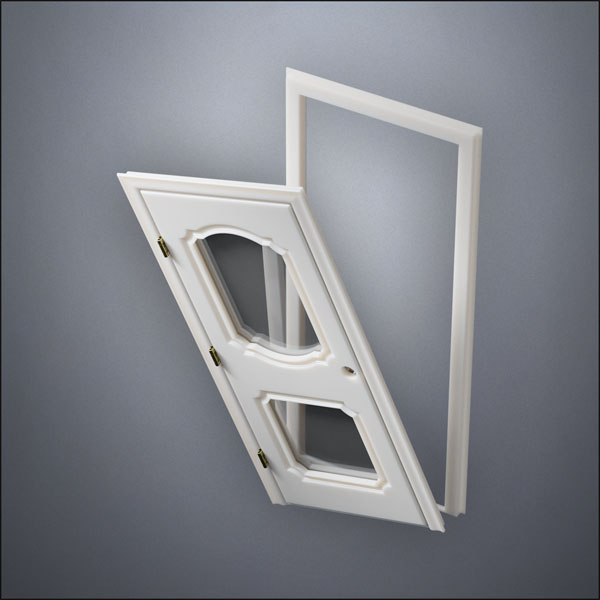 modern thin-frame Fancy Carrara Double Window Door with fancy-profile frame and brass hardware, shown split open in perspective view