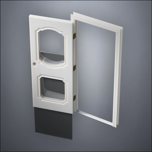 modern thin-frame Fancy Carrara Double Window Door with fancy-profile frame and brass hardware, shown open with the removable pane separated in perspective view