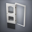 modern thin-frame Fancy Carrara Double Window Door with fancy-profile frame and brass hardware, shown open with the removable pane separated in perspective view