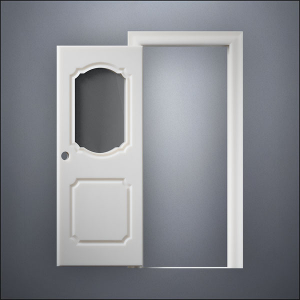 classic thick-frame Fancy Carrara Window Door with fancy-profile frame and brass hardware, shown open in front view