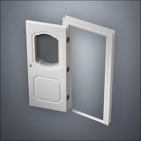 classic thick-frame Fancy Carrara Window Door with fancy-profile frame and brass hardware, shown open in perspective view