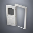 classic thick-frame Fancy Carrara Window Door with fancy-profile frame and brass hardware, shown open in perspective view