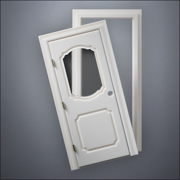 classic thick-frame Fancy Carrara Window Door with fancy-profile frame and brass hardware, shown split open in front view
