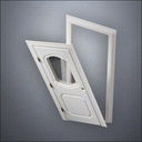 classic thick-frame Fancy Carrara Window Door with fancy-profile frame and brass hardware, shown split open in perspective view