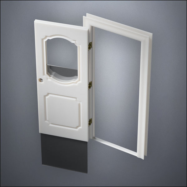 classic thick-frame Fancy Carrara Window Door with fancy-profile frame and brass hardware, shown open with the removable pane separated in perspective view