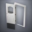 classic thick-frame Fancy Carrara Window Door with fancy-profile frame and brass hardware, shown open with the removable pane separated in perspective view