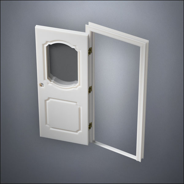 modern thin-frame Fancy Carrara Window Door with fancy-profile frame and brass hardware, shown open in perspective view
