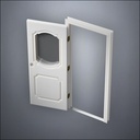 modern thin-frame Fancy Carrara Window Door with fancy-profile frame and brass hardware, shown open in perspective view
