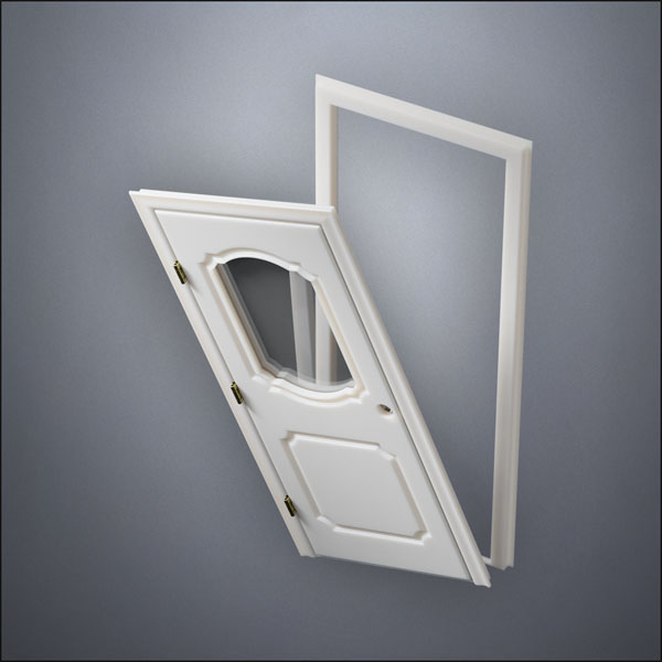 modern thin-frame Fancy Carrara Window Door with fancy-profile frame and brass hardware, shown split open in perspective view