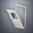 modern thin-frame Fancy Carrara Window Door with fancy-profile frame and brass hardware, shown split open in perspective view