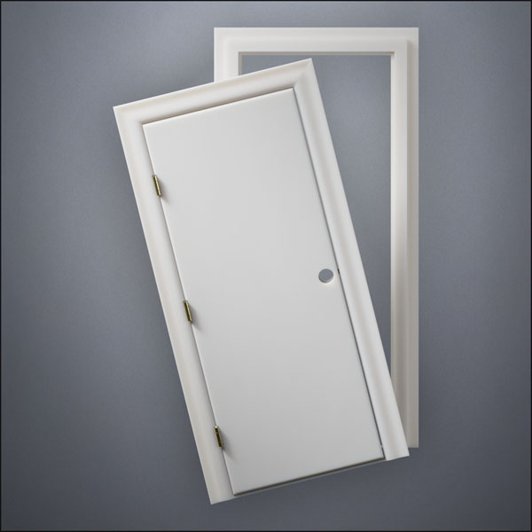 classic thick-frame Plain Door with fancy-profile frame and brass hardware, shown split open in front view