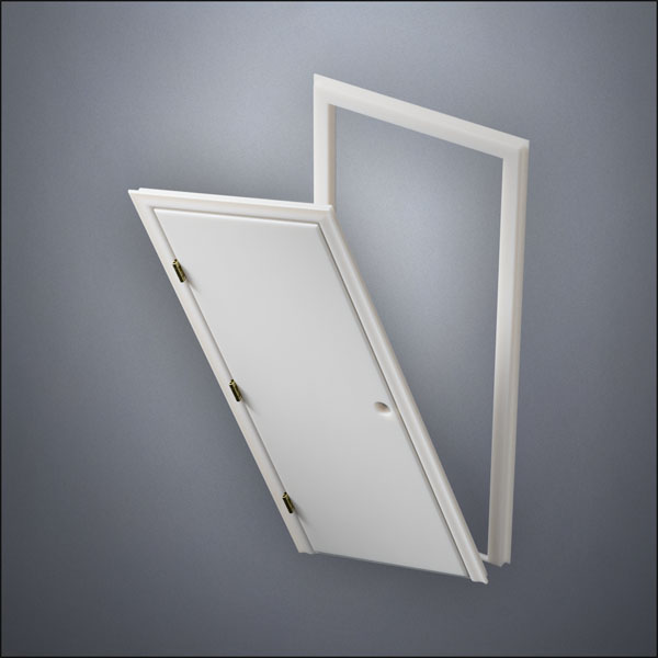 modern thin-frame Plain Door with fancy-profile frame and brass hardware, shown split open in perspective view