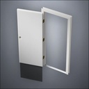 modern thin-frame Plain Door with fancy-profile frame and brass hardware, shown open with the removable pane separated in perspective view