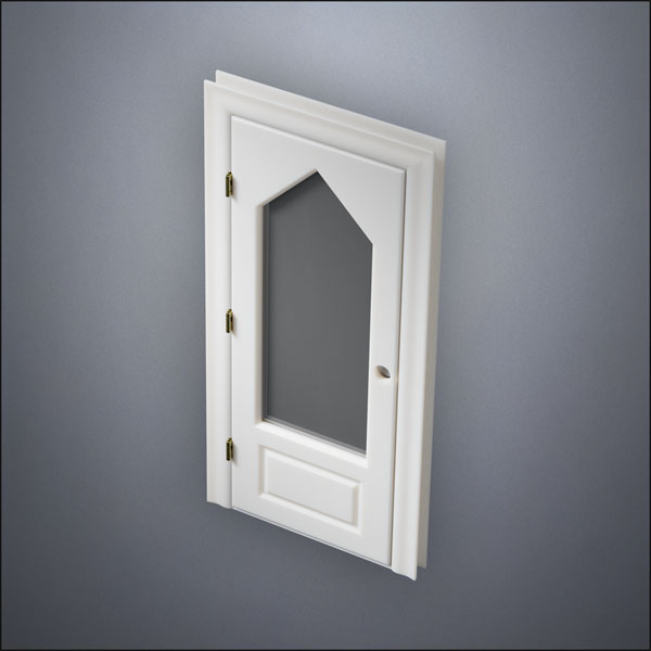 classic thick-frame 3/4 Steepled Window Door with fancy-profile frame and brass hardware, shown closed in perspective view