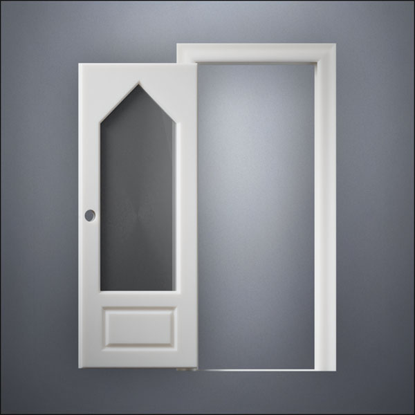 classic thick-frame 3/4 Steepled Window Door with fancy-profile frame and brass hardware, shown open in front view