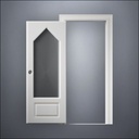 classic thick-frame 3/4 Steepled Window Door with fancy-profile frame and brass hardware, shown open in front view