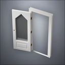 classic thick-frame 3/4 Steepled Window Door with fancy-profile frame and brass hardware, shown open in perspective view