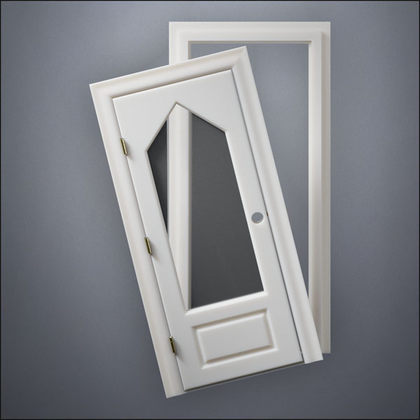 classic thick-frame 3/4 Steepled Window Door with fancy-profile frame and brass hardware, shown split open in front view