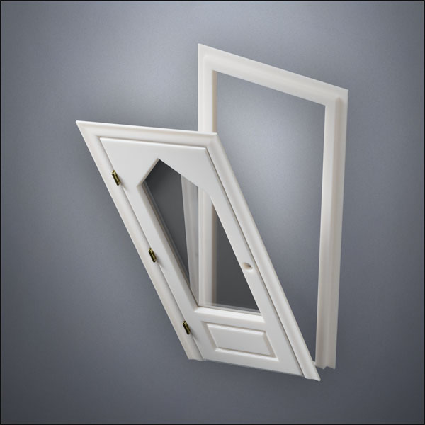 classic thick-frame 3/4 Steepled Window Door with fancy-profile frame and brass hardware, shown split open in perspective view