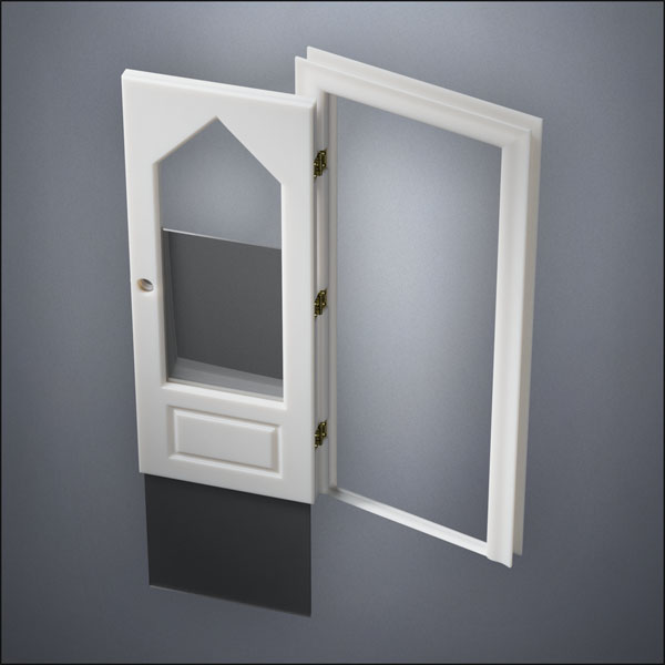 classic thick-frame 3/4 Steepled Window Door with fancy-profile frame and brass hardware, shown open with the removable pane separated in perspective view