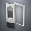 classic thick-frame 3/4 Steepled Window Door with fancy-profile frame and brass hardware, shown open with the removable pane separated in perspective view