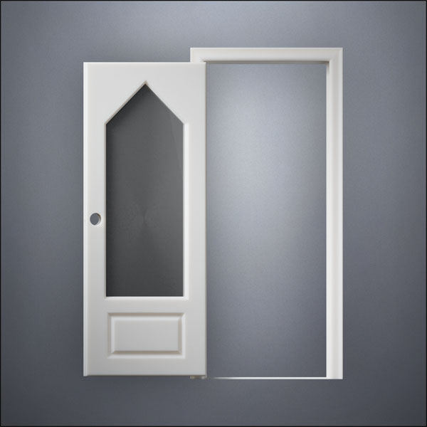 modern thin-frame 3/4 Steepled Window Door with fancy-profile frame and brass hardware, shown open in front view