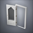 modern thin-frame 3/4 Steepled Window Door with fancy-profile frame and brass hardware, shown open in perspective view