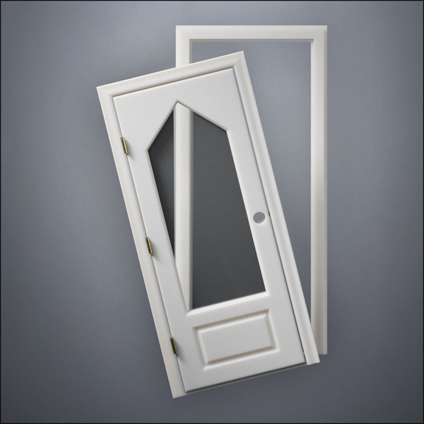 modern thin-frame 3/4 Steepled Window Door with fancy-profile frame and brass hardware, shown split open in front view