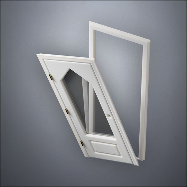 modern thin-frame 3/4 Steepled Window Door with fancy-profile frame and brass hardware, shown split open in perspective view