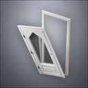 modern thin-frame 3/4 Steepled Window Door with fancy-profile frame and brass hardware, shown split open in perspective view